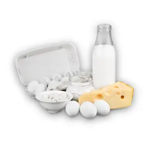 Frasco de leche, quesos, crema y huevos