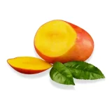 Un mango petacón cortado y adornado con dos hojas verdes